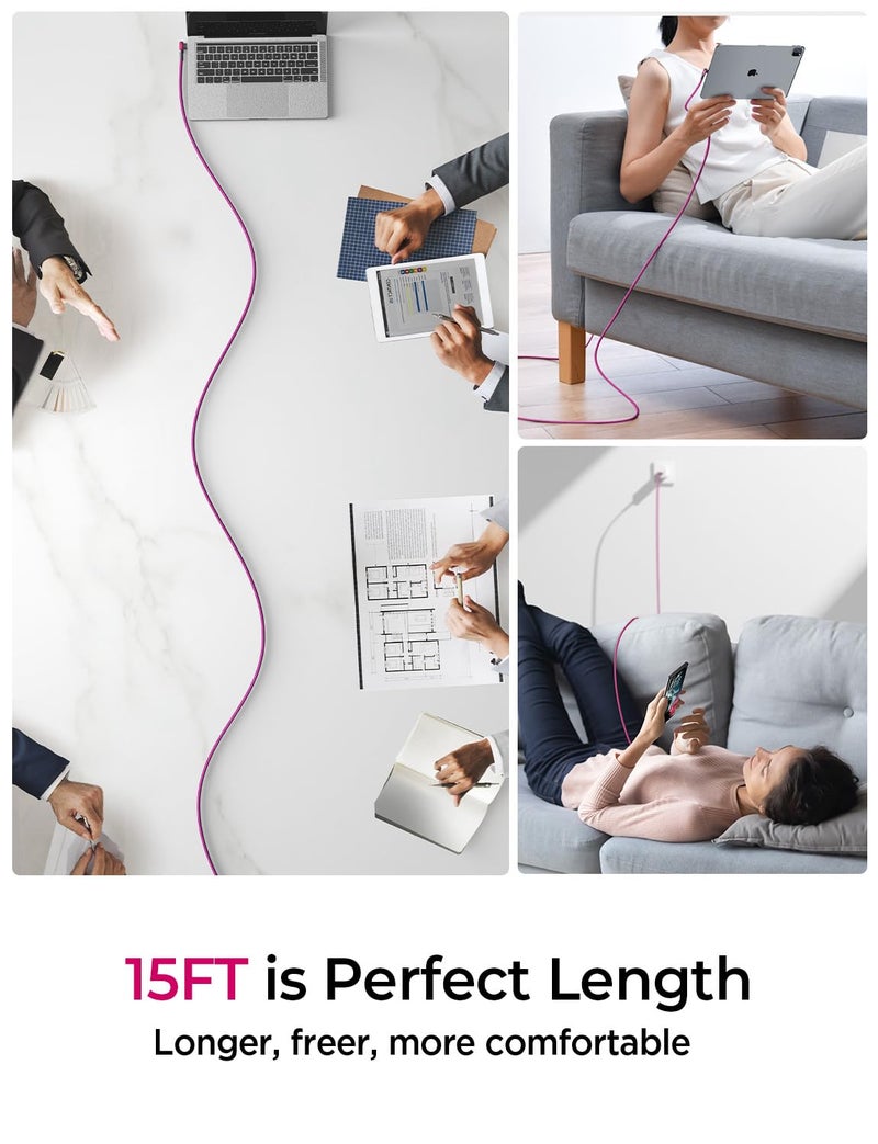 AINOPE 240W USB C to USB C Cable Fast Charging 15FT,Right Angle Fast Type C Charging Cable Fits iPhone 16 Pro Max Plus,iPhone 15,MacBook Air/Pro,iPad Pro,Samsung,Pixel,All Devices, Rose Red, 1 Pack - Image 3