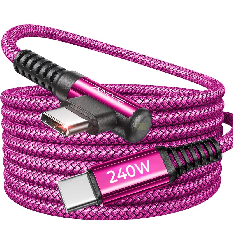 AINOPE 240W USB C to USB C Cable Fast Charging 15FT,Right Angle Fast Type C Charging Cable Fits iPhone 16 Pro Max Plus,iPhone 15,MacBook Air/Pro,iPad Pro,Samsung,Pixel,All Devices, Rose Red, 1 Pack - Image 1