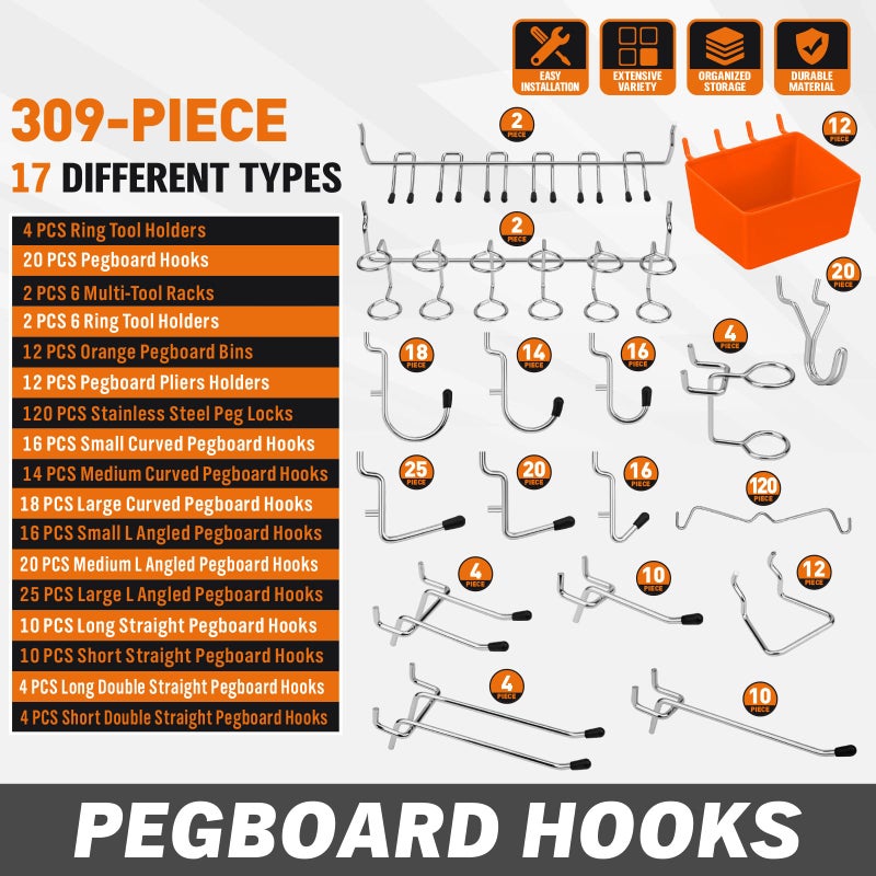 Horusdy 309 Pcs Pegboard Hooks Assortment Kit - 17 Types Heavy Duty Peg Board Hooks & Organizer Accessories - Fits 1/8 & 1/4 Inch Pegboard Durable Metal Wall Hooks For Garage Kitchen Workshop - Image 2