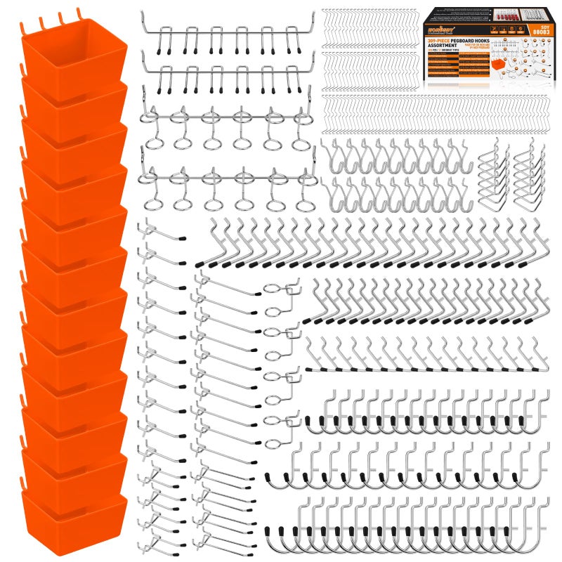 Horusdy 309 Pcs Pegboard Hooks Assortment Kit - 17 Types Heavy Duty Peg Board Hooks & Organizer Accessories - Fits 1/8 & 1/4 Inch Pegboard Durable Metal Wall Hooks For Garage Kitchen Workshop - Image 1
