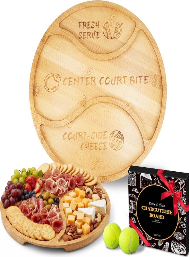 DWATAN Tennis Ball Charcuterie Board, 12" Bamboo Snack Tray with 3 Sections, Round Serving Board for Parties & Kitchen Snacks, Funny Tennis Gifts for Men & Women - Image 1