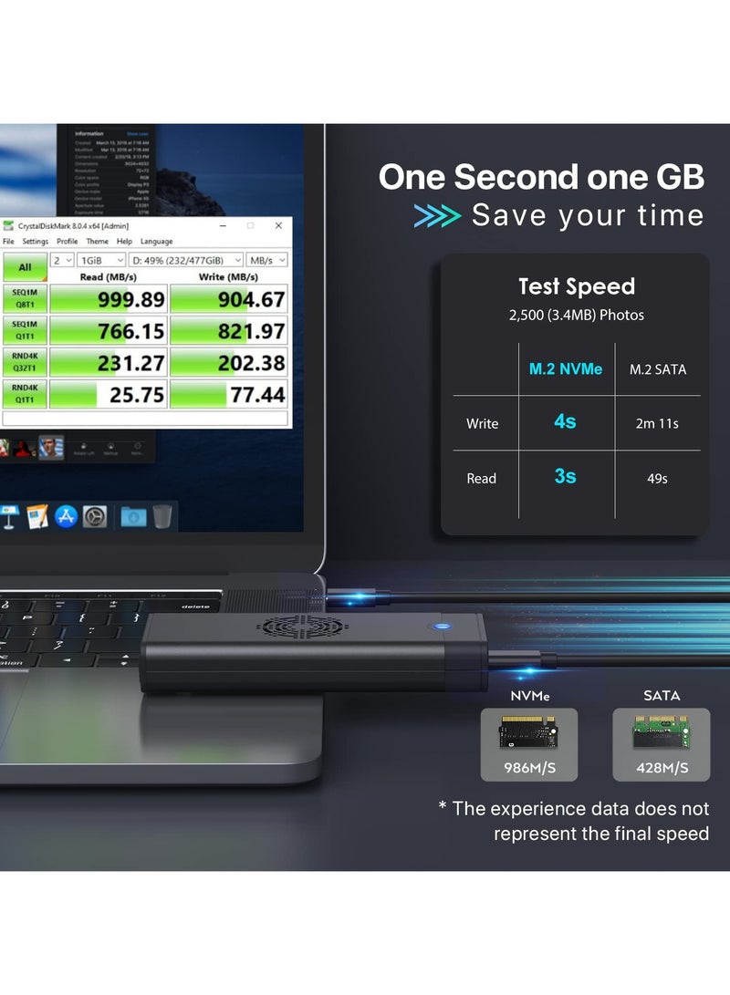 erorex M.2 NVME SATA SSD Enclosure Adapter Reader, with Cooling Fan, Tool-Free USB C 3.1 Gen 2,10 Gbps NVME, 6Gbps SATA,Chips RTL9210B External Solid State Drive for PCIe 2280/2260/2242 M Key - Image 4