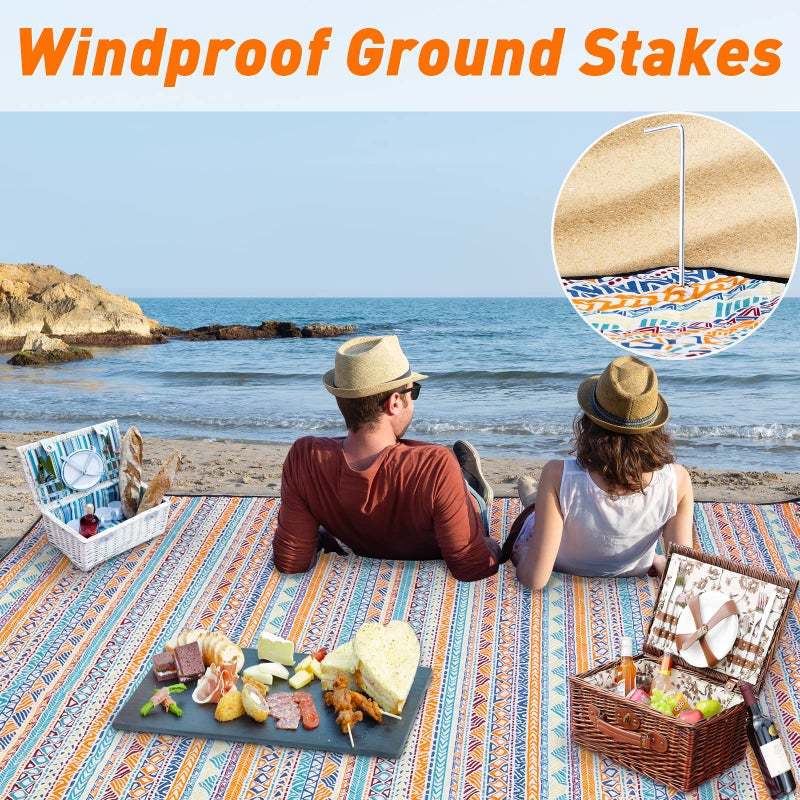 PY SUPER MODE Picnic Blankets Extra Large, Waterproof Foldable Outdoor Beach Blanket Oversized 83x79â€ Sandproof, 3-Layer Picnic Mat for Camping, Hiking, Travel, Park, Concerts(Orange Boho) - Image 5