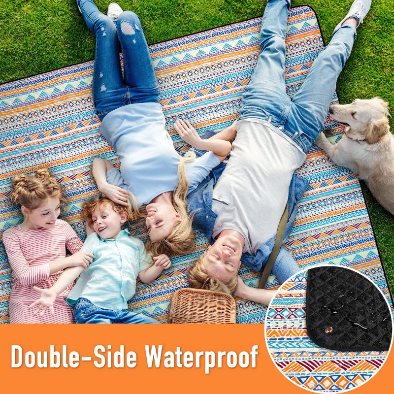 PY SUPER MODE Picnic Blankets Extra Large, Waterproof Foldable Outdoor Beach Blanket Oversized 83x79â€ Sandproof, 3-Layer Picnic Mat for Camping, Hiking, Travel, Park, Concerts(Orange Boho) - Image 4