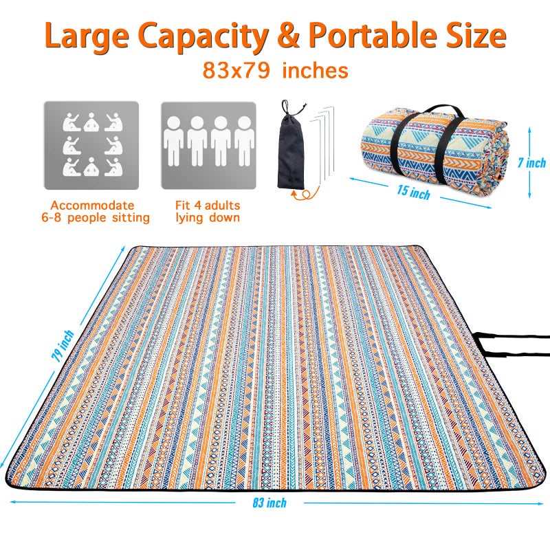 PY SUPER MODE Picnic Blankets Extra Large, Waterproof Foldable Outdoor Beach Blanket Oversized 83x79â€ Sandproof, 3-Layer Picnic Mat for Camping, Hiking, Travel, Park, Concerts(Orange Boho) - Image 3