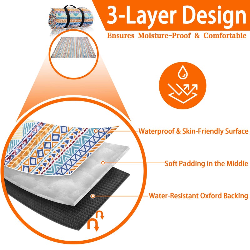 PY SUPER MODE Picnic Blankets Extra Large, Waterproof Foldable Outdoor Beach Blanket Oversized 83x79â€ Sandproof, 3-Layer Picnic Mat for Camping, Hiking, Travel, Park, Concerts(Orange Boho) - Image 2