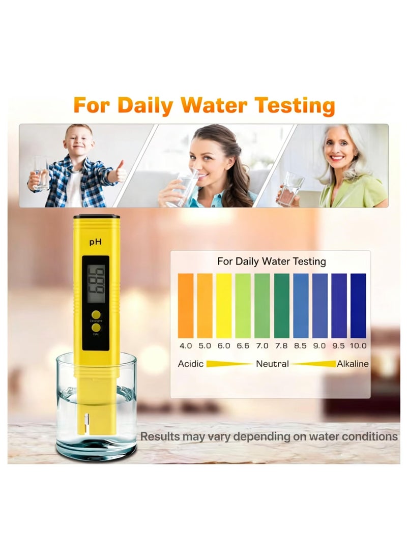 قلم قياس الرقم الهيدروجيني الرقمي للمياه، مُعاير مسبقًا، دقة عالية ±0.01، نطاق 0–14 pH، حجم جيب، مناسب لمياه الشرب والمسابح وأحواض السمك والزراعة المائية (أصفر) - Image 5