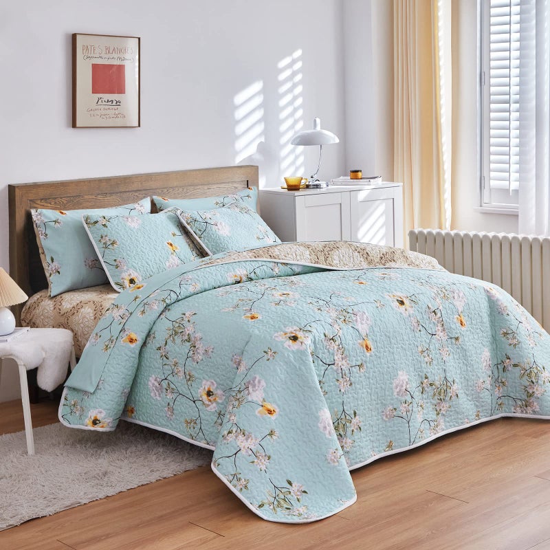 Joyreap 2 Pieces Reversible Floral Quilt Set Aqua, Microfiber Soft Smooth Quilt, Elegant Flower Design Bedspread, Lightweight Bed Cover for All Season, 1 Quilt n 1 Pillow Sham (Twin, 68x86 inches) - Image 2