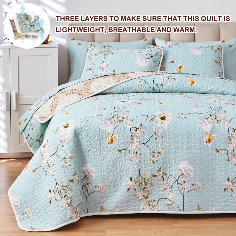 Joyreap 2 Pieces Reversible Floral Quilt Set Aqua, Microfiber Soft Smooth Quilt, Elegant Flower Design Bedspread, Lightweight Bed Cover for All Season, 1 Quilt n 1 Pillow Sham (Twin, 68x86 inches) - Image 4