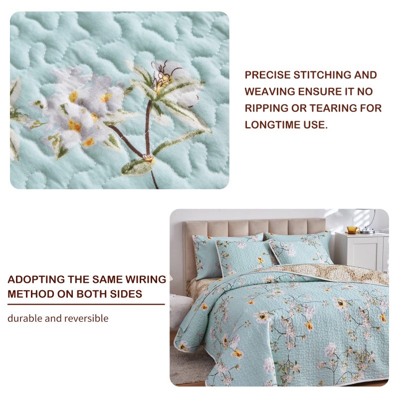 Joyreap 2 Pieces Reversible Floral Quilt Set Aqua, Microfiber Soft Smooth Quilt, Elegant Flower Design Bedspread, Lightweight Bed Cover for All Season, 1 Quilt n 1 Pillow Sham (Twin, 68x86 inches) - Image 5