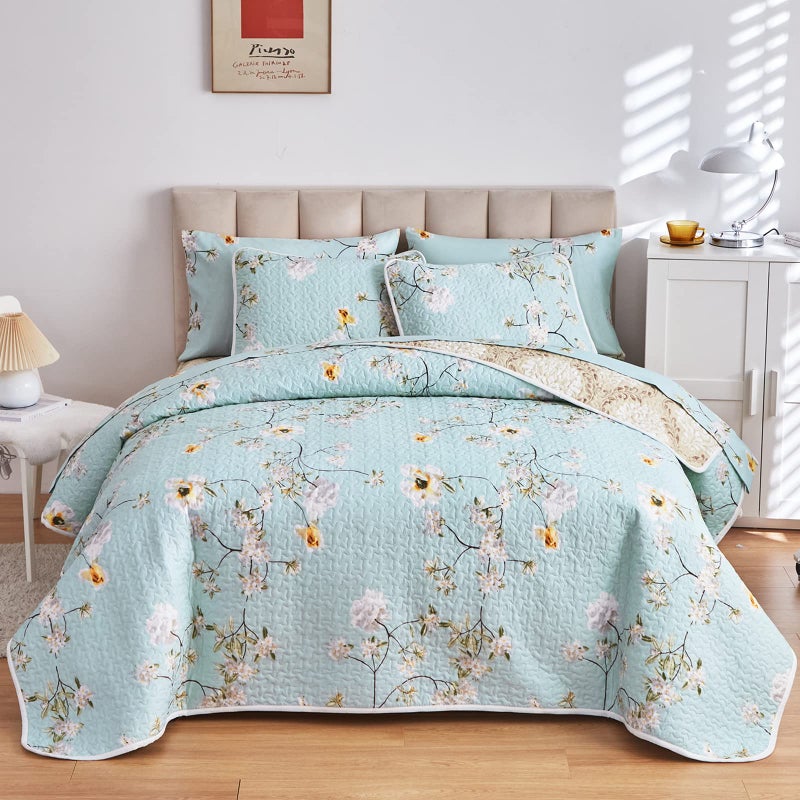 Joyreap 2 Pieces Reversible Floral Quilt Set Aqua, Microfiber Soft Smooth Quilt, Elegant Flower Design Bedspread, Lightweight Bed Cover for All Season, 1 Quilt n 1 Pillow Sham (Twin, 68x86 inches) - Image 1