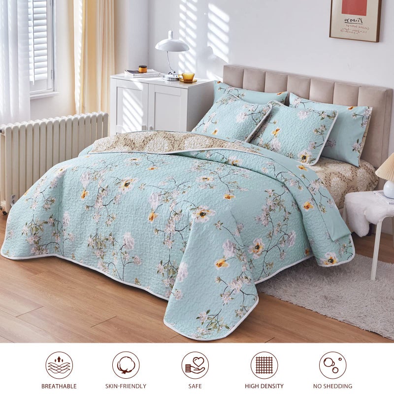 Joyreap 2 Pieces Reversible Floral Quilt Set Aqua, Microfiber Soft Smooth Quilt, Elegant Flower Design Bedspread, Lightweight Bed Cover for All Season, 1 Quilt n 1 Pillow Sham (Twin, 68x86 inches) - Image 3