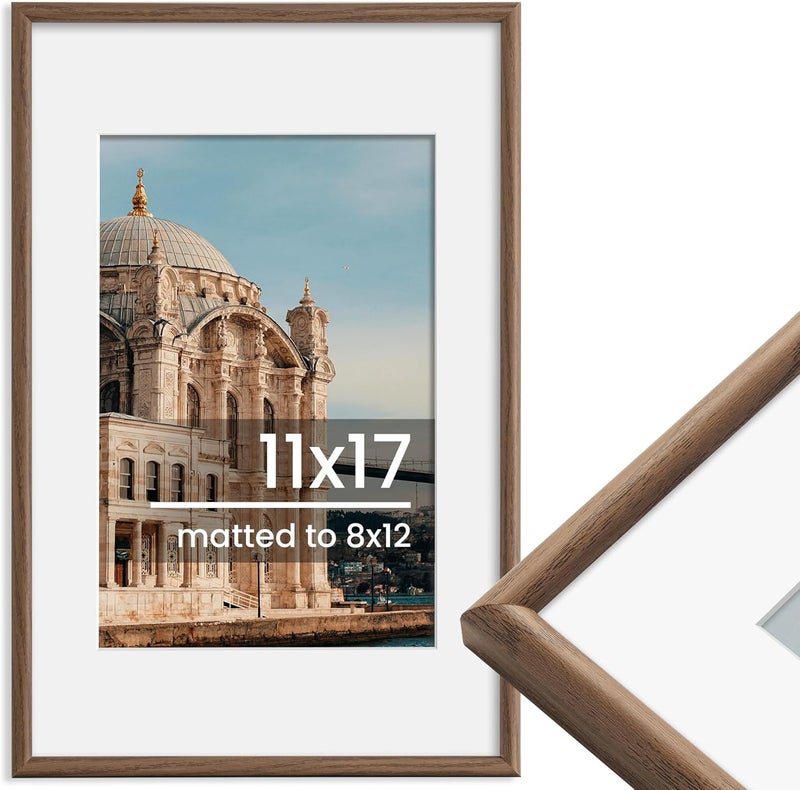 FLYJOE 11x17 Picture Frame, Display Pictures 8x12 with Mat or 11x17 Without Mat, Wall Hanging Photo Frame, Walnut, 1 Pack - Image 1