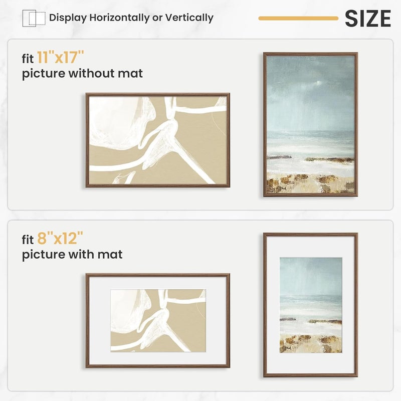FLYJOE 11x17 Picture Frame, Display Pictures 8x12 with Mat or 11x17 Without Mat, Wall Hanging Photo Frame, Walnut, 1 Pack - Image 3
