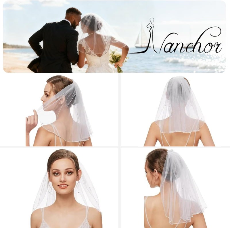 Nanchor Bridal Wedding Veil Women's Short Vails with Rhinestone Tulle for Bachelorette Party 38cm/15” - Image 4