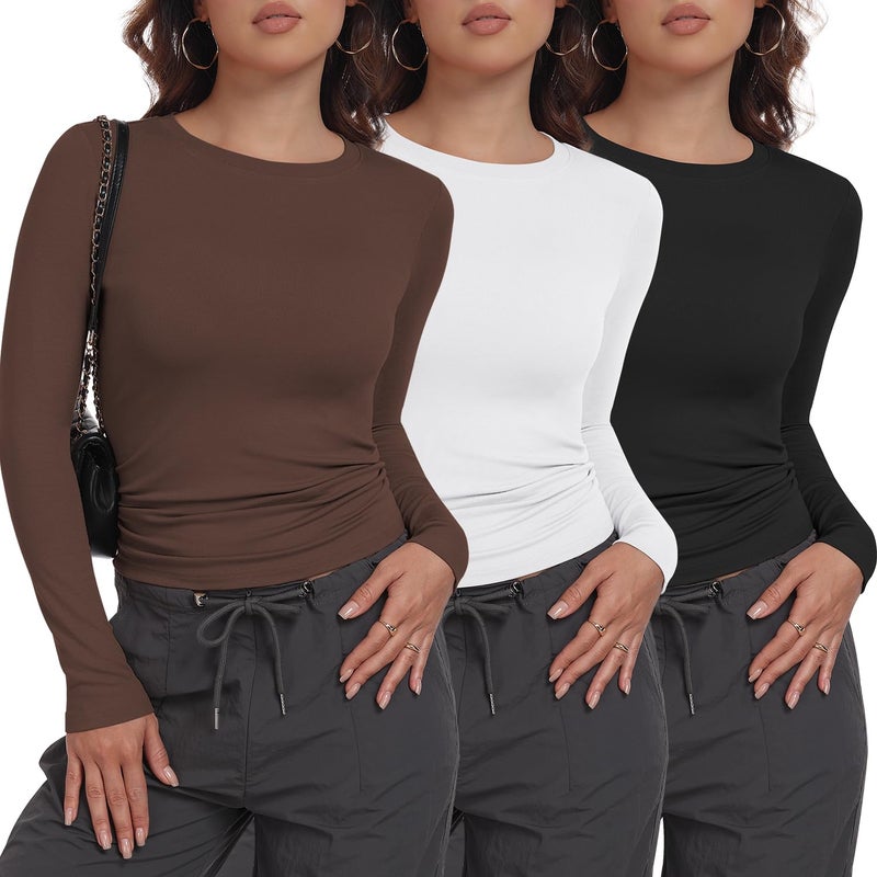 MLYENX 3 Pack Womens Long Sleeve Shirts Crew Neck Basic Stretchy Fitted Y2K Tops Going Out Fashion Clothes - Image 5