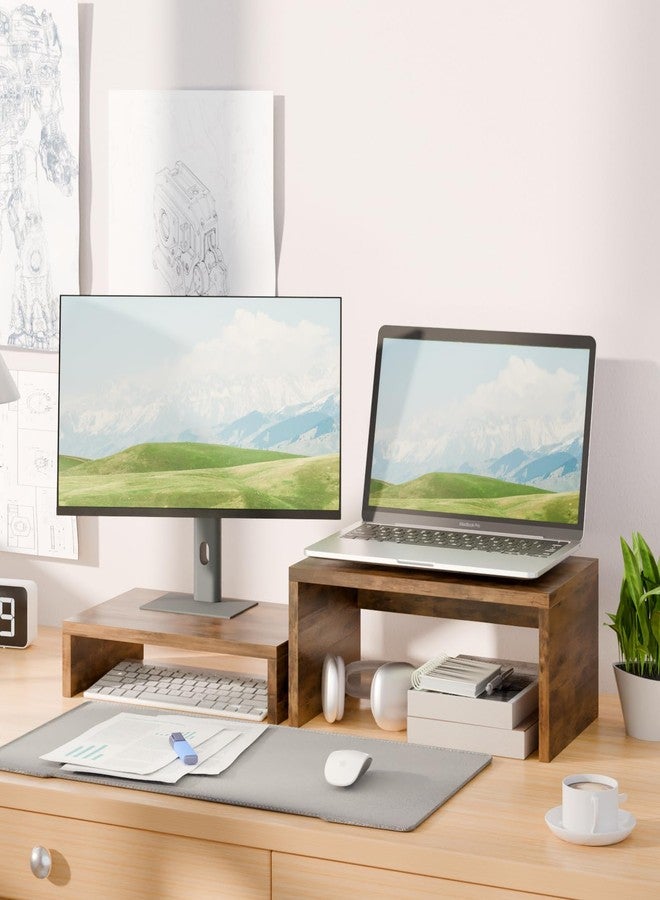 TEAMIX 2 Pack Monitor Stand Riser Rustic Brown,Wood 2 Tier Adjustable Monitor Stand Dual Monitor Riser for 2 Monitors/Laptop/PC Computer Stand Desktop Space Saver… - Image 2