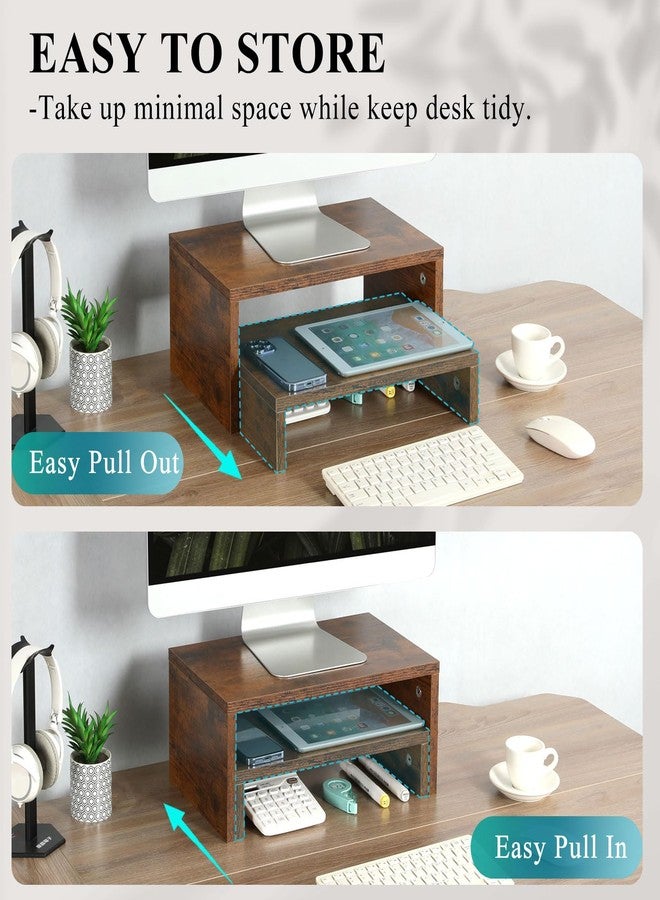 TEAMIX 2 Pack Monitor Stand Riser Rustic Brown,Wood 2 Tier Adjustable Monitor Stand Dual Monitor Riser for 2 Monitors/Laptop/PC Computer Stand Desktop Space Saver… - Image 3