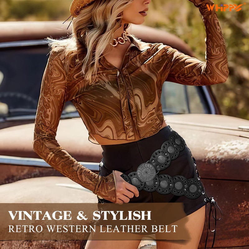 WHIPPY Western Belts for Women Vintage Disc Waist Belts Concho Leather Belts Boho Waist Belt for Dress Jeans, Black, S - Image 4