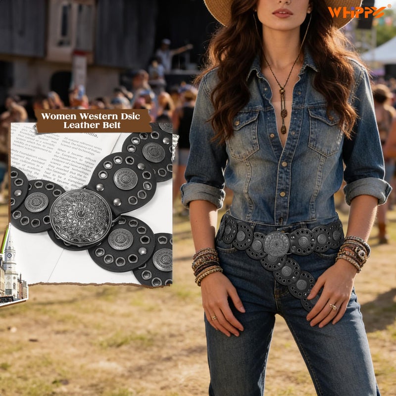 WHIPPY Western Belts for Women Vintage Disc Waist Belts Concho Leather Belts Boho Waist Belt for Dress Jeans, Black, S - Image 2