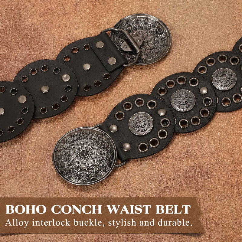 WHIPPY Western Belts for Women Vintage Disc Waist Belts Concho Leather Belts Boho Waist Belt for Dress Jeans, Black, S - Image 3