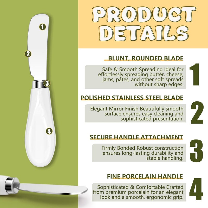 Mlurcu Butter Spreader Knives Set of 4, Stainless Steel Butter Knife with Porcelain Handles, Blunt Edge Cheese Spreader Set for Soft Cheese, Butter, Jam, Charcuterie, Pastry - Image 3