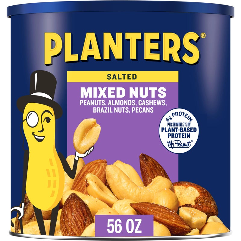 PLANTERS مكسرات مختلطة مملحة من بلانترز، فول سوداني، لوز، كاجو، جوز برازيلي وبقان، وجبة خفيفة للحفلات، بروتين نباتي، وجبة خفيفة سريعة للبالغين، وجبة خفيفة بعد المدرسة، مكسرات بالجملة، كوشير، علبة 56 أونصة - Image 1