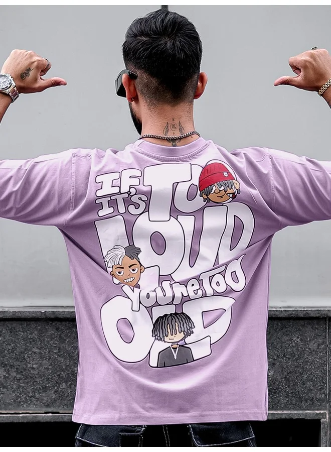 Maniac Maniac Mens Printed Round Neck 3/4th Sleeve Lavender and White Cotton Oversized T-Shirt