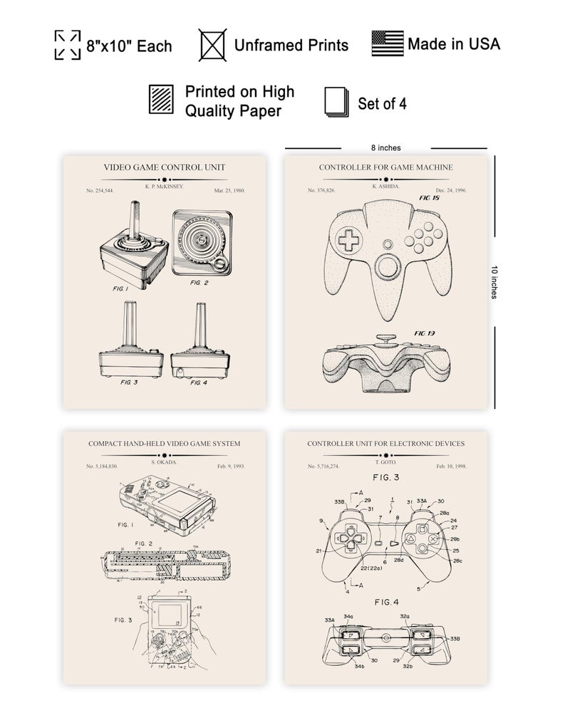 Poster Master 4-Piece Gaming Blueprint Poster - Video Game Patent Print - Joystick Art - Controller Illustration - Technical Design - Gameboy Design - Office or Kid's Room Decor - 8x10 UNFRAMED - Image 2