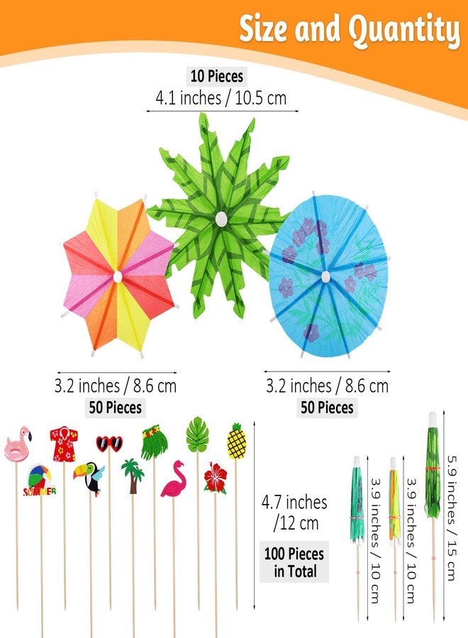 Breroa 210 Pieces Hawaiian Luau Assorted Picks Tropical Cocktail Bamboo Toothpicks Green Tropical Coconut Palm Summer Day Paper Umbrellas and Colorful Drink Umbrellas for Luau Hawaii Beach Party - Image 2