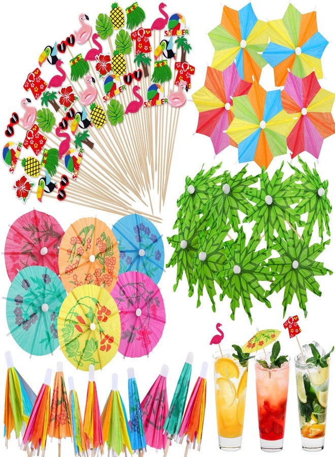 Breroa 210 Pieces Hawaiian Luau Assorted Picks Tropical Cocktail Bamboo Toothpicks Green Tropical Coconut Palm Summer Day Paper Umbrellas and Colorful Drink Umbrellas for Luau Hawaii Beach Party - Image 1
