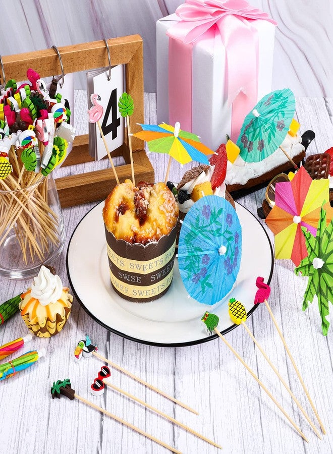 Breroa 210 Pieces Hawaiian Luau Assorted Picks Tropical Cocktail Bamboo Toothpicks Green Tropical Coconut Palm Summer Day Paper Umbrellas and Colorful Drink Umbrellas for Luau Hawaii Beach Party - Image 4
