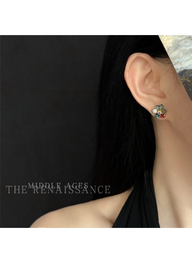 Micro-Pavé Zirconia Floral Studs | Retro Color-Block Earrings, Petite Daily Wear - Image 1
