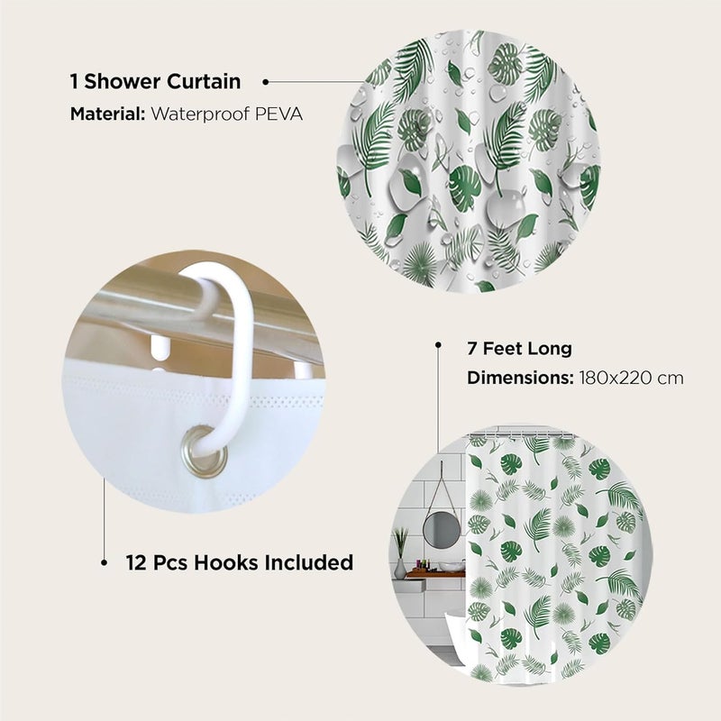 Kuber Industries 7 Feet PEVA Shower Curtain I Green Leaf Print I 180 X 220cm I 12 Pcs Hooks Included I Quick Dry I Waterproof I Easy-Slide Curtains I Bath Decor I Multicolour - Image 3
