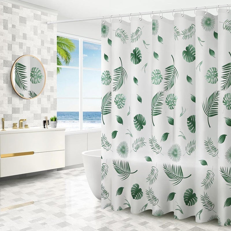 Kuber Industries 7 Feet PEVA Shower Curtain I Green Leaf Print I 180 X 220cm I 12 Pcs Hooks Included I Quick Dry I Waterproof I Easy-Slide Curtains I Bath Decor I Multicolour - Image 1