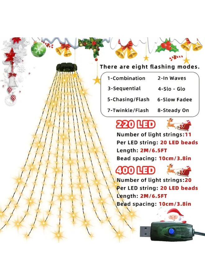 أضواء شجرة الكريسماس LED باللون الأبيض الدافئ 220، تعمل بالطاقة عبر USB، 8 أوضاع، لتزيين الداخل والخارج - Image 5