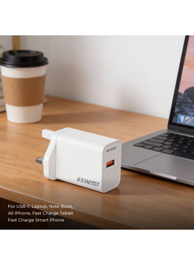 ERD شاحن سريع ERD TCU-662 بقوة 65 واط بتقنية GaN مع كابل USB-A إلى USB-C | تقنية نيتريد الغاليوم عالية الكفاءة | توافق عالمي مع MacBook Air و iPhone 15/14/13 Pro Max و iPad و Samsung Galaxy وأجهزة الكمبيوتر المحمولة USB-C | محول سفر فائق الصغر مع حماية متعددة الطبقات (أبيض) - Image 4