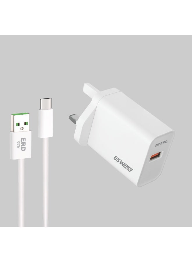 ERD شاحن سريع ERD TCU-662 بقوة 65 واط بتقنية GaN مع كابل USB-A إلى USB-C | تقنية نيتريد الغاليوم عالية الكفاءة | توافق عالمي مع MacBook Air و iPhone 15/14/13 Pro Max و iPad و Samsung Galaxy وأجهزة الكمبيوتر المحمولة USB-C | محول سفر فائق الصغر مع حماية متعددة الطبقات (أبيض) - Image 2