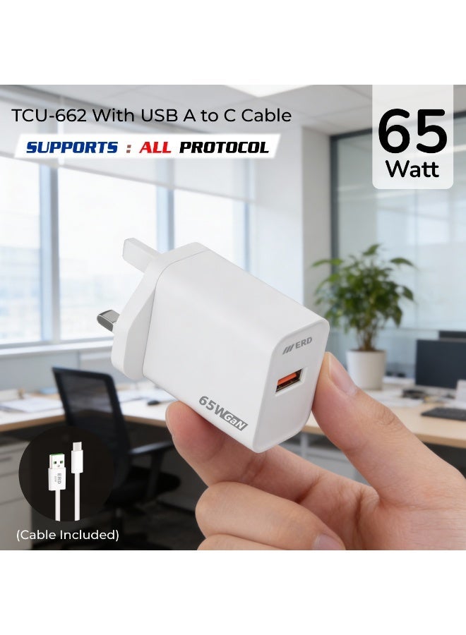 ERD شاحن سريع ERD TCU-662 بقوة 65 واط بتقنية GaN مع كابل USB-A إلى USB-C | تقنية نيتريد الغاليوم عالية الكفاءة | توافق عالمي مع MacBook Air و iPhone 15/14/13 Pro Max و iPad و Samsung Galaxy وأجهزة الكمبيوتر المحمولة USB-C | محول سفر فائق الصغر مع حماية متعددة الطبقات (أبيض) - Image 1