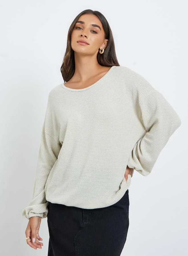 Styli Women Beige Waffle Knit Oversized T-Shirt
