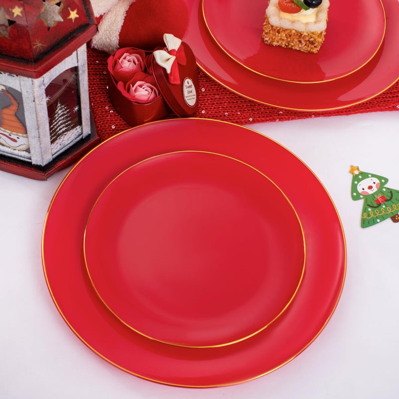 PULOTE 100PCS Red Plastic Plates - Heavy Duty Red Plates Disposable - Red Disposable Plates Include 50PCS Red Dinner Plates 10.25inch 50PCS Red Dessert Plates 7.5inch for Party&Valentine's Day - Image 3
