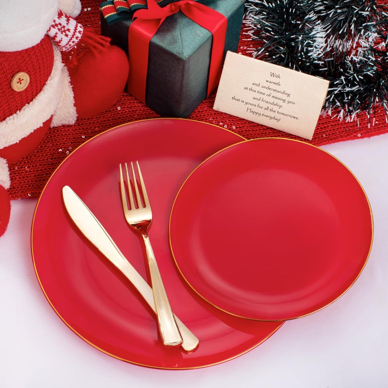 PULOTE 100PCS Red Plastic Plates - Heavy Duty Red Plates Disposable - Red Disposable Plates Include 50PCS Red Dinner Plates 10.25inch 50PCS Red Dessert Plates 7.5inch for Party&Valentine's Day - Image 5