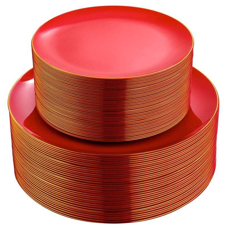 PULOTE 100PCS Red Plastic Plates - Heavy Duty Red Plates Disposable - Red Disposable Plates Include 50PCS Red Dinner Plates 10.25inch 50PCS Red Dessert Plates 7.5inch for Party&Valentine's Day - Image 1