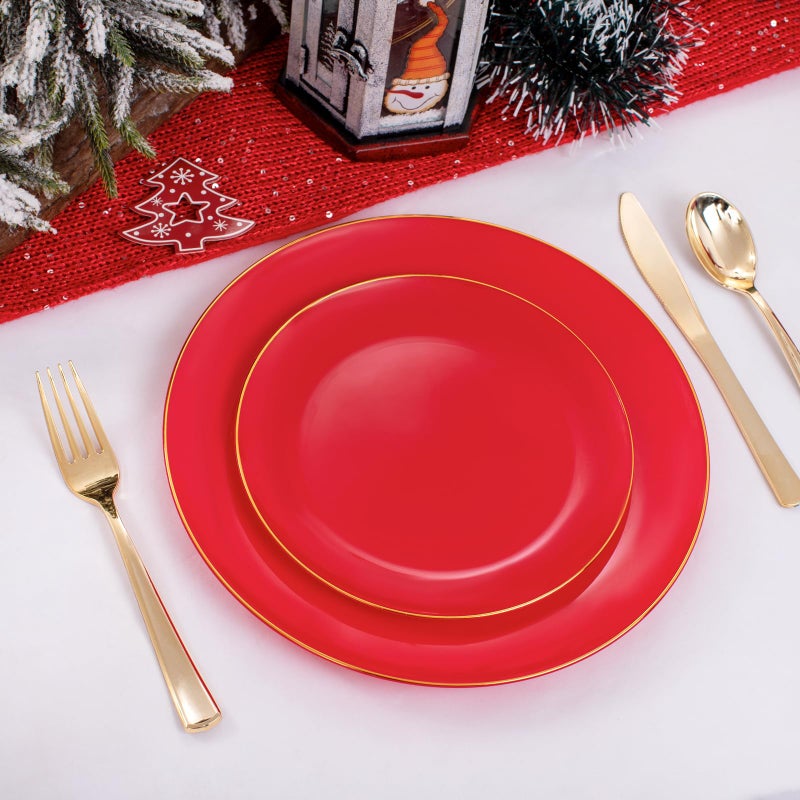 PULOTE 100PCS Red Plastic Plates - Heavy Duty Red Plates Disposable - Red Disposable Plates Include 50PCS Red Dinner Plates 10.25inch 50PCS Red Dessert Plates 7.5inch for Party&Valentine's Day - Image 4