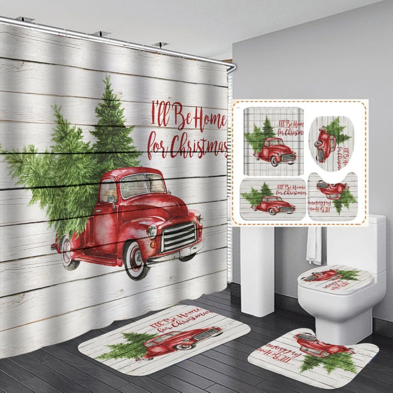 Bluejw ized New Christmas Santa Claus High Quality Waterproof Toilet Lid Cover Anti-Slip Rug Mat Set 4 Pieces Shower Curtain Set - Image 5