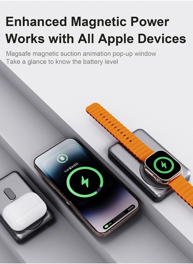 10000mAh Magnetic Wireless Power Bank with Built-in Lightning & Type-C Cables, 20W PD Fast Charging, 4 Outputs, Zinc Alloy Kickstand, Magsafe Compatible, for iPhone, Android, AirPods, Apple Watch