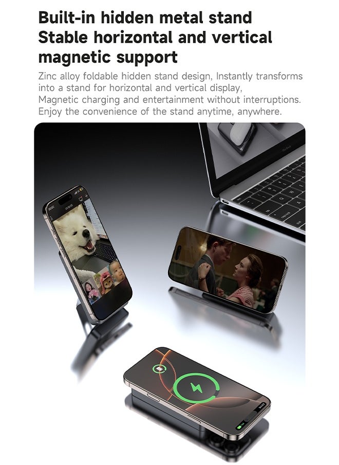 10000mAh Magnetic Wireless Power Bank with Built-in Lightning & Type-C Cables, 20W PD Fast Charging, 4 Outputs, Zinc Alloy Kickstand, Magsafe Compatible, for iPhone, Android, AirPods, Apple Watch