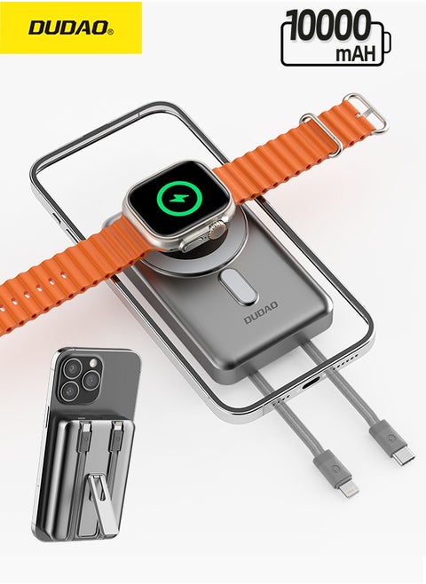 10000mAh Magnetic Wireless Power Bank with Built-in Lightning & Type-C Cables, 20W PD Fast Charging, 4 Outputs, Zinc Alloy Kickstand, Magsafe Compatible, for iPhone, Android, AirPods, Apple Watch