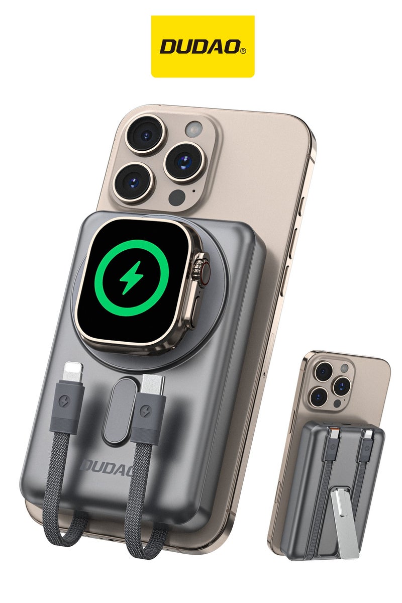 DUDAO 10000mAh Magnetic Wireless Power Bank with Built-in Lightning & Type-C Cables, 20W PD Fast Charging, 4 Outputs, Zinc Alloy Kickstand, Magsafe Compatible, for iPhone, Android, AirPods, Apple Watch - Image 1