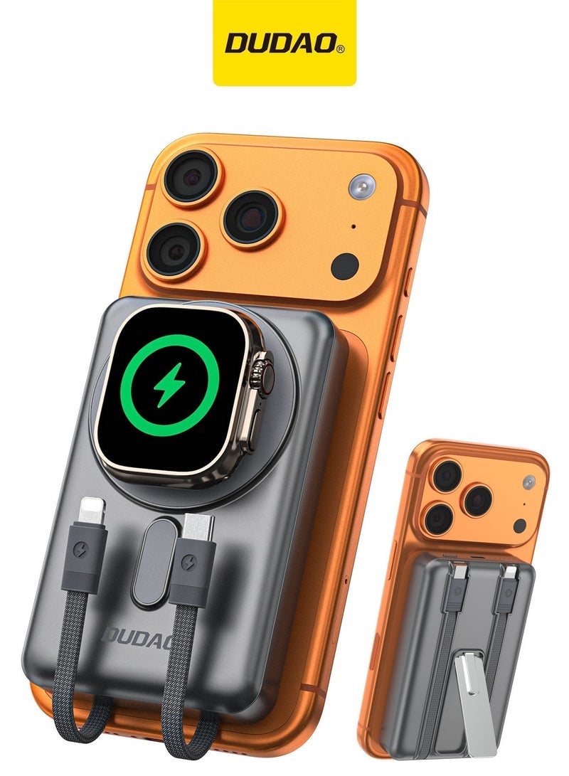 DUDAO 10000mAh Magnetic Wireless Power Bank with Built-in Lightning & Type-C Cables, 20W PD Fast Charging, 4 Outputs, Zinc Alloy Kickstand, Magsafe Compatible, for iPhone, Android, AirPods, Apple Watch - Image 1